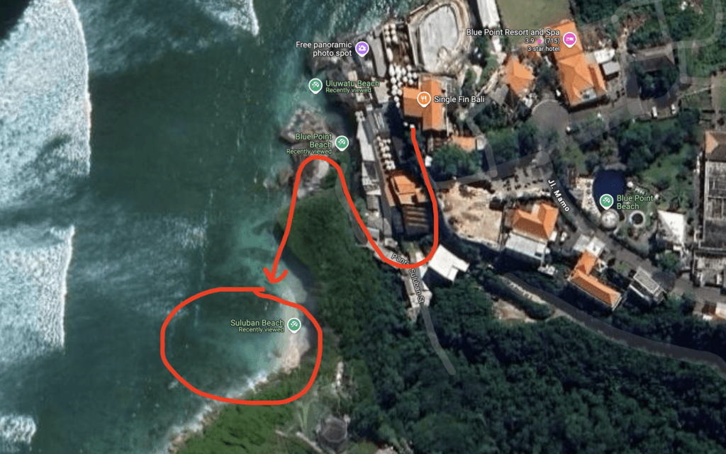 Map showing the best place to snorkel at Suluban Beach Bali